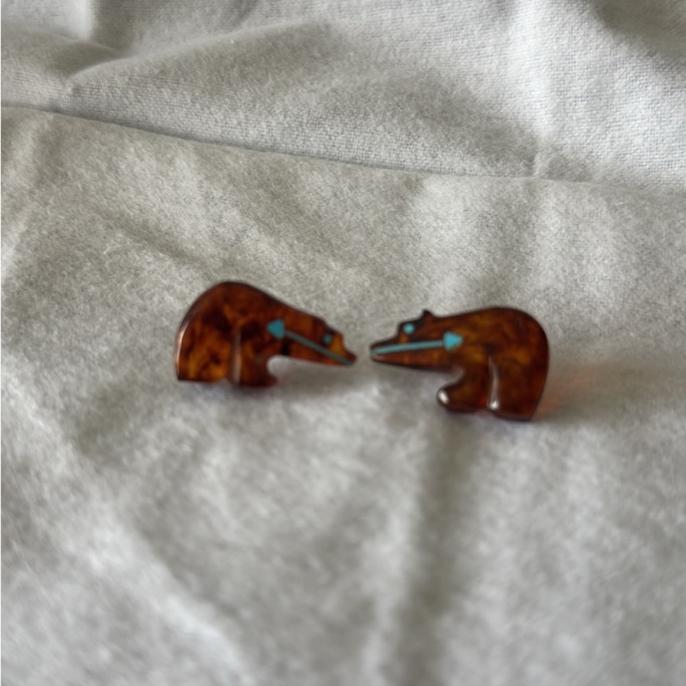 Brown Bear Earrings with Turquoise Accents